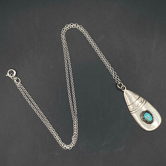 Vintage NAVAJO Sterling Silver Turquoise Native American Pendant Necklace 14.5" - Picture 5 of 7